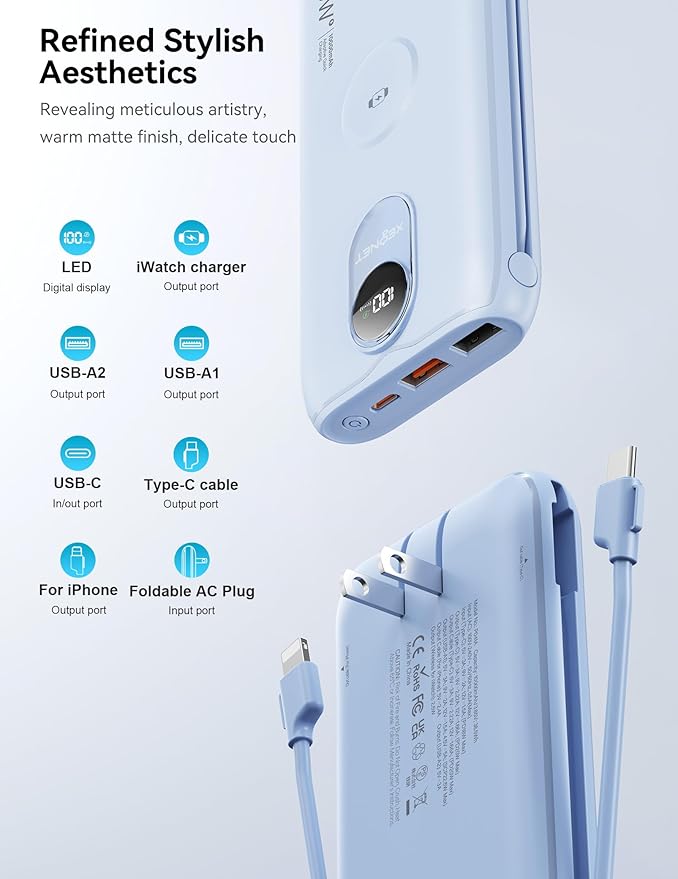 Portable Charger, 10000mAh 22.5W Power Bank Fast Charging with Wall Plug, Built-in Cables, LED Display, Compact Lightweight USB C Travel Battery Pack for iPhone 17/16, Android Cell Phone, Pad, iWatch