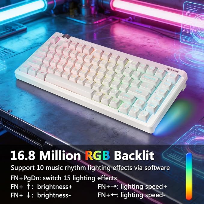 Redragon Wireless Mechanical Keyboard Creamy, Bluetooth/2.4GHz/USB-C Wired, 75% Hot Swappable Custom Gaming Keyboard with Knob, RGB Backlit, Pre-lubed Linear Switches, PBT Keycaps, White