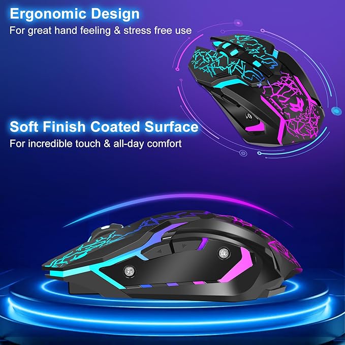Wireless Gaming Mouse, Rechargeable Wireless Computer Mouse with Type-C Fast Charging, Ergonomic Mouse with 3 Adjustable DPI, 6 Silent Buttons, LED Light, Long Battery Life for Laptop, PC, Mac