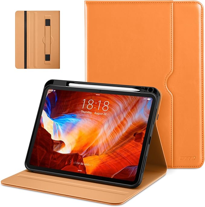 DTTO for iPad Pro 11 inch Case (M5/M4) 2025/2024, Premium Leather Business Folio Stand Cover with Pencil Holder - Auto Wake/Sleep and Multiple Viewing Angles, Orange