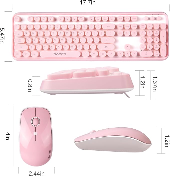 Pink Keyboard and Mouse Wireless, Cute Typewriter Style Round Key Keyboard, 2.4GHz Full Size Aesthetic Retro Bubble Creamy Keyboard and Mouse Set for Long Nails PC Laptop Desktop Computer