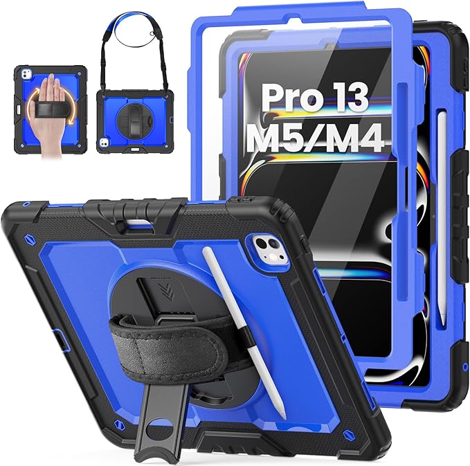 HXCASEAC for iPad Pro 13 Inch Case (M5/M4) 2025/2024, Shockproof Design with Pencil Holder, Protector, Rotating Stand, Hand Strap, Heavy Duty Protective iPad Pro13 Cover A3360 A3361 A2925 A2926, Blue