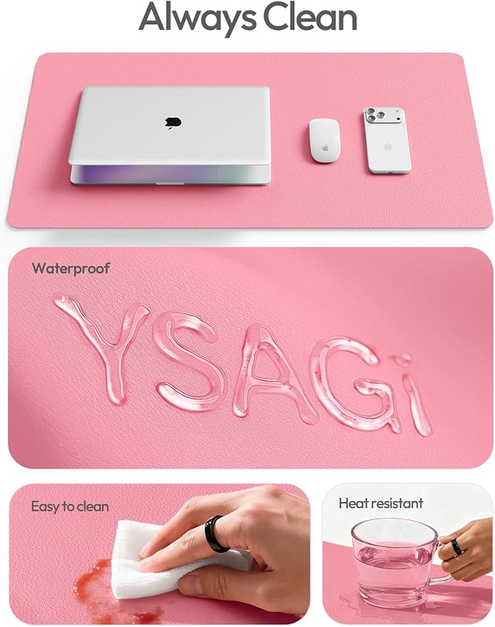 YSAGi Leather Desk Protector, Office Mat, Large Mouse Mat, Non-Slip PU Leather Blotter, Laptop Desk, Waterproof Writing Pad for Office and Home (Pink, 47.2" x 23.6")