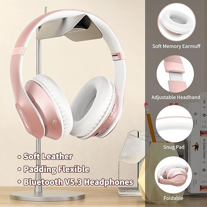 Wireless Bluetooth Headphones Over Ear 65H Playtime HiFi Stereo Headset with Microphone and 6EQ Modes Foldable Bluetooth V6.0 Headphones for Travel Smartphone Computer Laptop Rose Gold