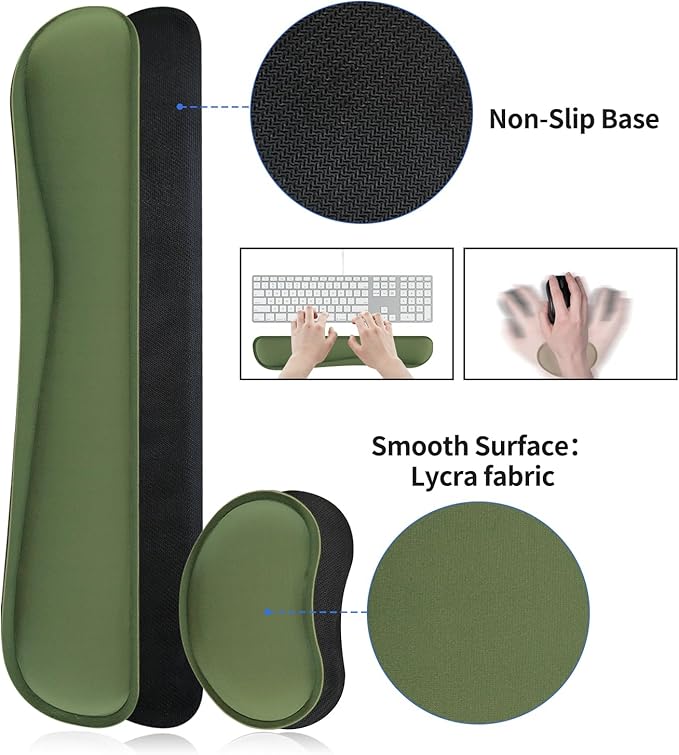 Bloss Keyboard and Mouse Wrist Rest + Leather Desk Mat, Desk Mat for Keyboard and Mouse, Desk Accessories for Women(35.4 x 15.7 Inch,Olive Green)