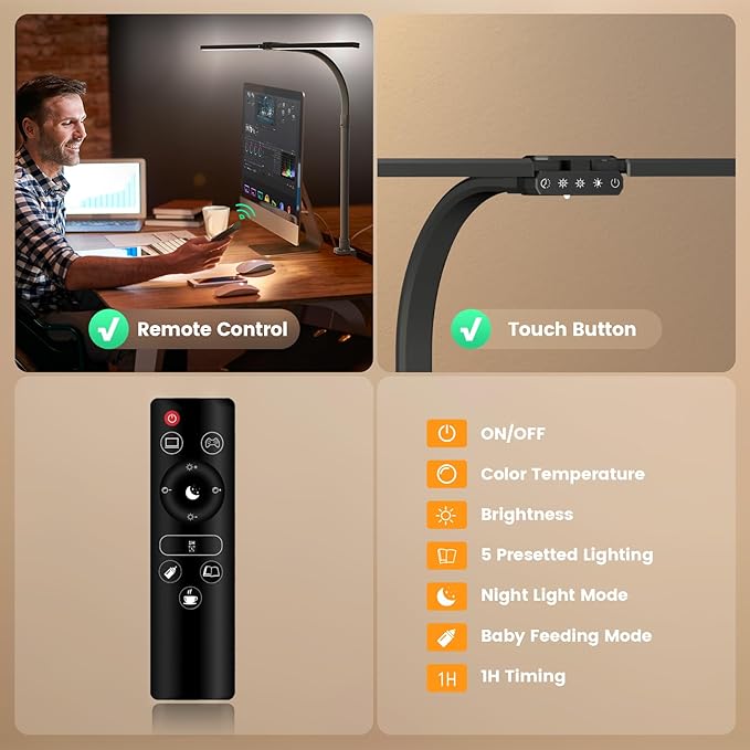 SIBRILLE Upgraded Desk Lamp for Home Office - Dimmable Computer Desk Light with Remote, Modern Architect Task Lamp with Color Changing, Flexible Desktop Lamp with Gooseneck for Monitor, Double Head