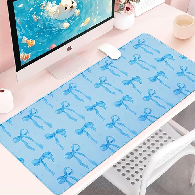 Blue Bows Desk Mat, Large Mouse Pad with Light Blue Background, Girly Computer Mat Keyboard Mat Cute Blue Office Pad for Desktop, Non-Slip Rubber Base, Stitched Edge Laptop Pad for Girls 31.5 x 11.8in