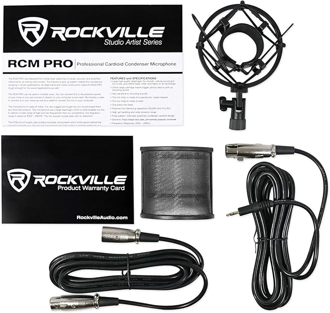 Rockville RCM PRO Professional Studio Condenser Microphone, Samsung Capacitors, Cardioid Pattern, Shock Mount Included, Large Diaphragm, for Vocals and Podcasting