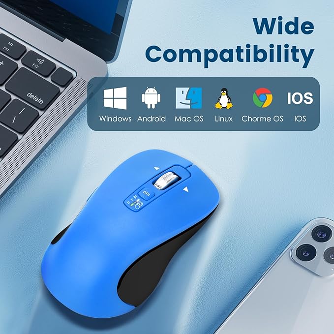 CITLLA Wireless Bluetooth Mouse (USB + BT1 + BT2), Full Size, 4-Way Scrolling, Multi-Device Silent Mouse for Computer, Laptop, iPad, MacBook (Blue)