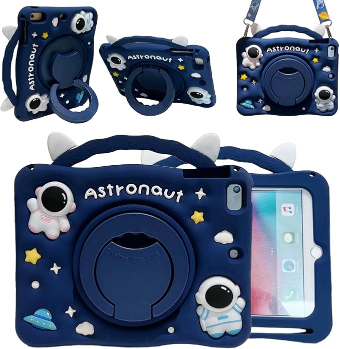 3D Cute Press Astronaut Case for iPad 10th Generation (2022) 10.9 inch/iPad (A16) 11th 2025 11 inch,Cartoon Character Space Soft Silicone Rotating Stand Case with Lanyard for Kids Teens Girls Women