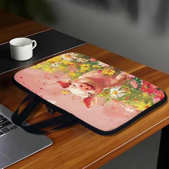 Pink Pig Floral 13 Inch Laptop Sleeve, Cute Computer Bag Tablet Carrying Case Laptop Cover Tote Bags Notebook Sleeves Handbag Messenger Briefcase for Travel/Work/School