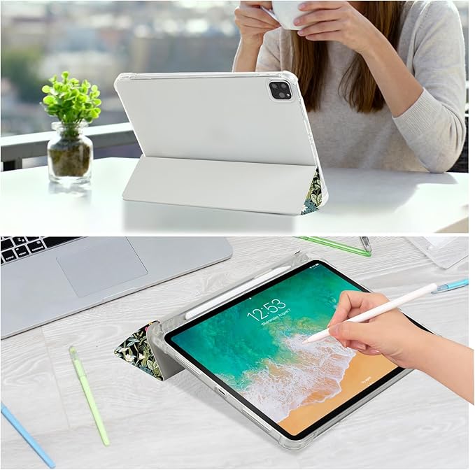 for iPad Air 11 Inch Case M4/M3/M2 2026, for iPads Air 5Th/4Th Gen Cases,for iPad Pro 11 Inch Case 4Th/3Rd/2Nd/1St Generation Slim Pencil Holder 2 Viewing Stand Typing Stand, Black Flower