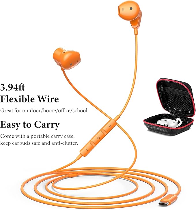 APETOO USB C Headphones for iPhone 17 Pro Max 16 15 Plus iPad USB-C Wired Earbuds with Microphone Volume Control HiFi Stereo Type C Earphones for Galaxy S26/S25/S24/S23/S22 Ultra, Pixel 10 9 8, Orange