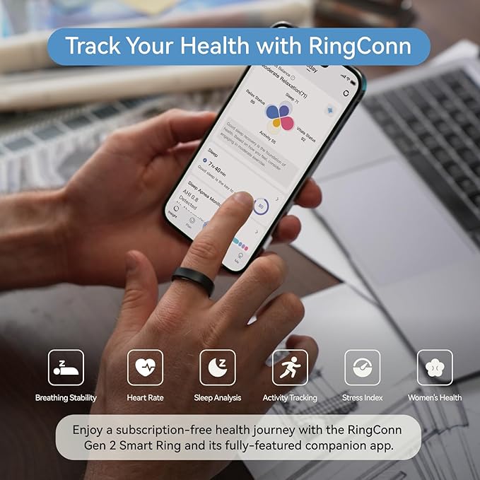 RingConn Gen 2, World’s First Smart Ring with Sleep Apnea Monitoring, No APP Subscription, 12-Day Battery Life, Stress/Heart Rate/Women's Health Tracker, Android & iOS Compatible (Black, Size 6)