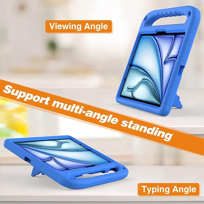 Kids Case for Apple iPad Air 11 inch M4/M3/M2 (2026/2025/2024) with Pencil Stylus Holder/Handle/Kickstand Slim Lightweight Cute Soft Shockproof EVA Folio Stand Protective Tablet Cover, Blue