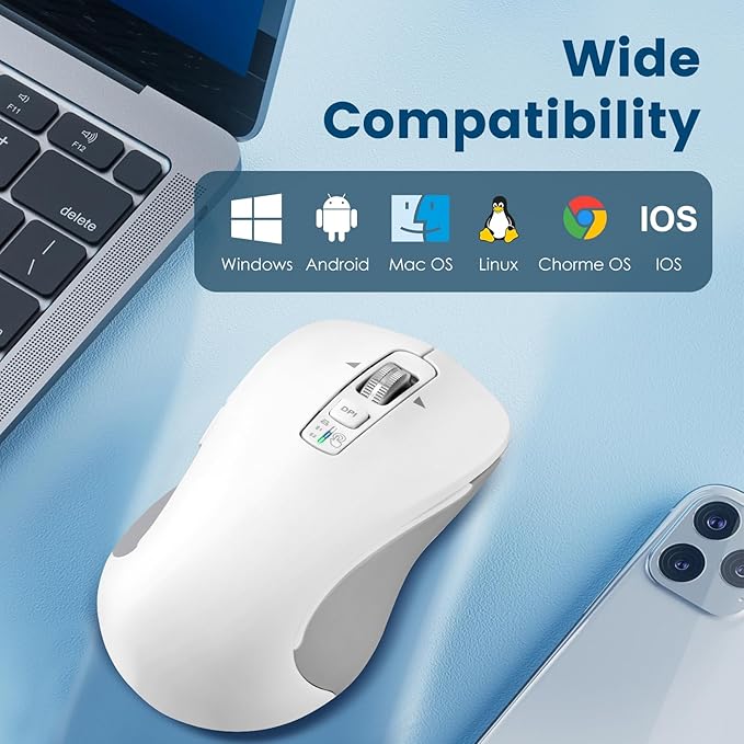 CITLLA Wireless Bluetooth Mouse (USB + BT1 + BT2), Full Size, 4-Way Scrolling, Multi-Device Silent Mouse for Computer, Laptop, iPad, MacBook (White)