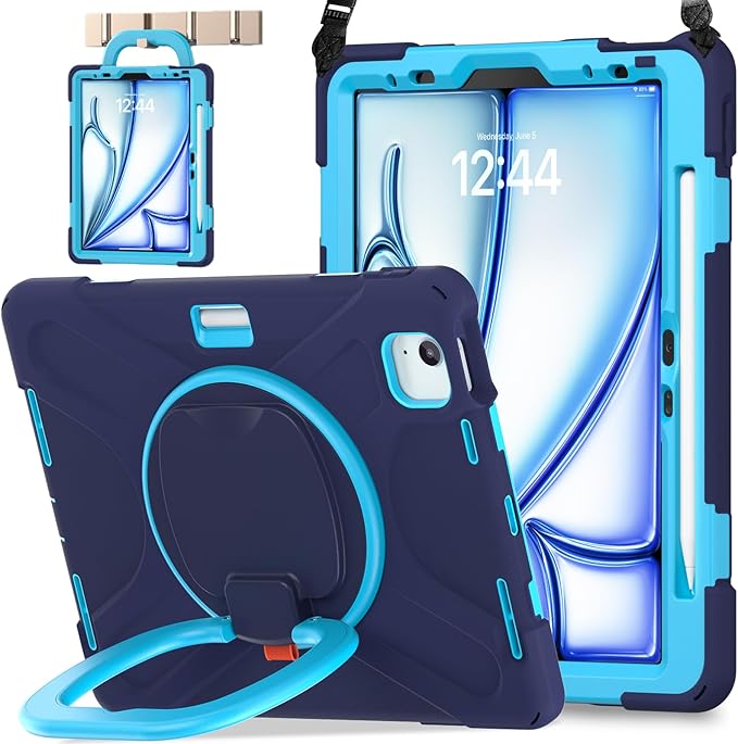 BATYUE Case for iPad Air 11-inch M4 (2026)/ M3 (2025)/ M2 (2024), iPad Air 5th/4th 10.9 inch(2022/2020), iPad Pro 11" 4th/3rd/2nd/1st Kids Cover with Rotating Stand, Pencil Holder, Strap, NavyBlue