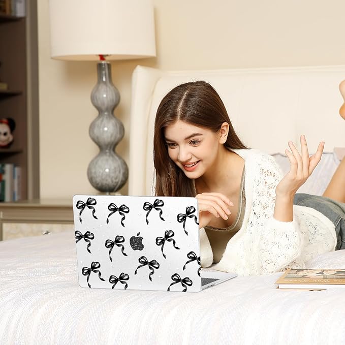 MOSISO Compatible with MacBook Air 13 inch Case M5 2026 M4 2025 M3 M2 2024-2022 A3449 A3240 A3113 A2681, 3 in 1 Kit Ribbons Bows Sparkly Plastic Hard Shell Case for MacBook Air 13.6 inch Case, Black