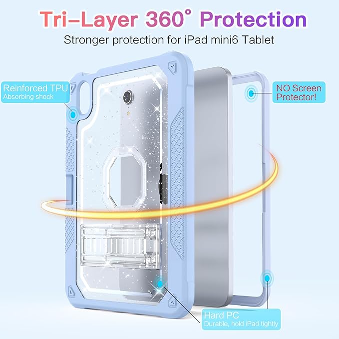 ZoneFoker Case for iPad mini A17 Pro, for iPad mini 7th/6th Generation Case 8.3 inch 2024/2021 with Pencil Holder/Stand, Slim Cover for i Pad Mini 7/6 (Clear Glitter/SkyBlue)