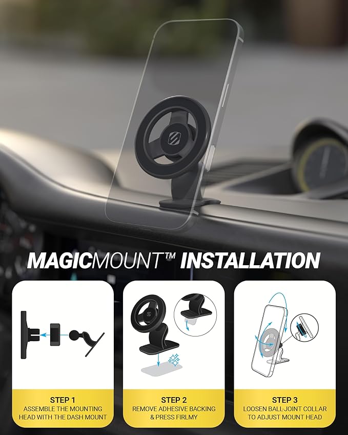 Scosche MagSafe Car Mount, Magnetic Dashboard Phone Holder for Car with 3M Adhesive Base, Strong Magnet Hold, 360° Rotatable Cell Phone Car Mount for iPhone 17/16/15/14/13/12, Includes Magnetic Ring