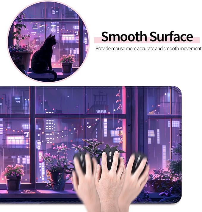 Japanese Anime Cute Cat and Plant Gaming Desk Mat, Computer Keyboard Large Extended Kawaii Animal Mouse Pad for Office and Home, 31.5×11.8 Inches, XL, Purple