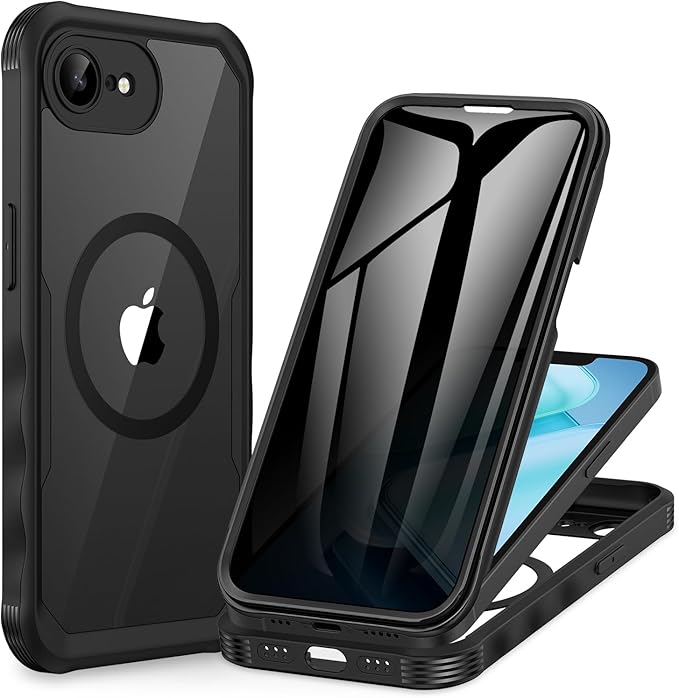 CENHUFO Magnetic Privacy Case for iPhone 16E / iPhone 17E [Compatible with Magsafe] Full Body Phone Case Built-in 9H Glass Privacy Screen Protector and Camera Protector, Shockproof Cover - Black