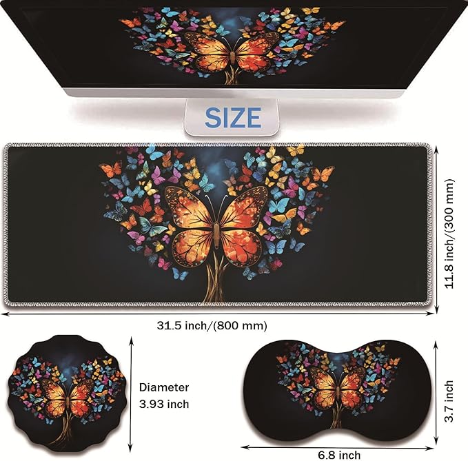 Extended Non-Slip Mouse Pad + Mouse Wrist Rest + Lace-Shaped Coaster Set, Ergonomic Design, Suitable for Desk and Home Gaming Table Mat, Colorful Tree Butterfly