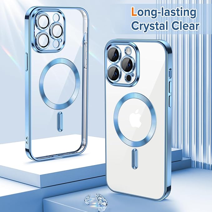 Hython Magnetic Clear for iPhone 12 Pro Max Case with Camera Lens Protector [Compatible with MagSafe] Plating Edge Slim Soft TPU Cover Protective Phone Case for iPhone 12 Pro Max 6.7", Light Blue