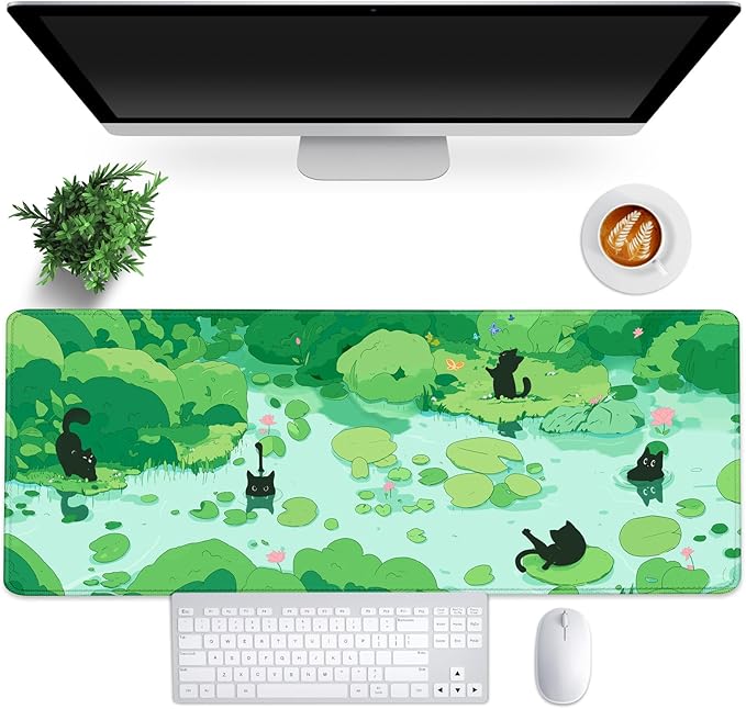 FLY SPRAY Gaming Mouse Pad for Computer,XXL Cute Cat Mousepad Laptop,Green Anime Mouse Mat,Extended Large Black Japanese Keyboard Pads,Non-Slip Mouse Pads for Game Office Home（31.5 x 11.9 in）