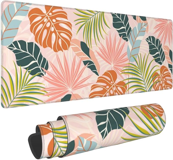 Large Gaming Mousepad, Cute Tropical Leaves with Boho Style XL Mouse Pads for Desk, Big Long Non-Slip Base Floral Extended Desk Pad for Keyboard and Mouse Gifts for Women Office Decor, 31.5*11.8 Inch