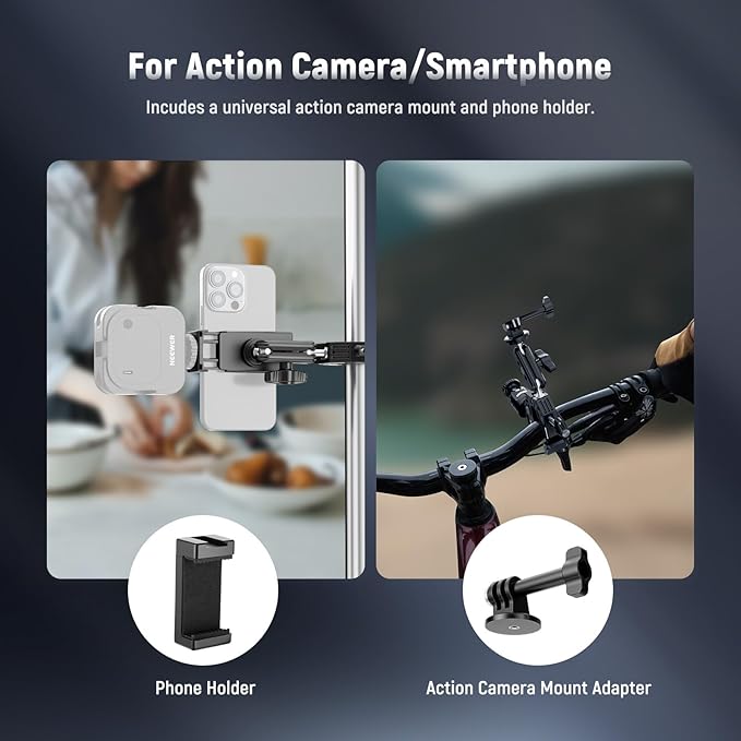 NEEWER Super Clamp with 3" Dual Ballhead Magic Arm, Ball Head Adapter, Cold Shoe, Phone Holder, Action Camera Clamp Mount for Flat/Round Surface Compatible with GoPro DJI iPhone 15 Pro Max, ST85