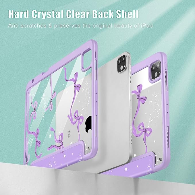 Tuiklol for iPad Pro 11 Inch 4th / 3rd / 2nd / 1st Gen (2022 2021 2020 2018) Case -Built-in Pencil Holder Shockproof Cover Clear Transparent Back Shell with Auto Wake/Sleep, Bow-Purple