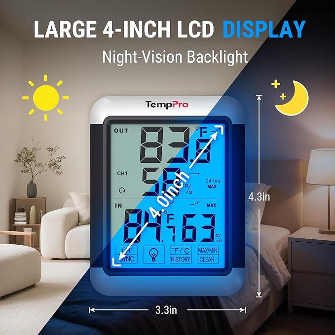 TempPro TP65 Indoor Outdoor Thermometer Digital Wireless Hygrometer Temperature Humidity Monitor with Jumbo Touchscreen and Backlight Humidity Gauge,LCD (Previously ThermoPro)