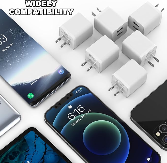 6Pack USB Wall Charger, iGENJUN 2.4A Phone Charger Dual USB Port Cube Power Plug Adapter Fast Wall Charger Block Compatible with iPhone 17/17 Pro/16/16 Pro, Samsung Galaxy, Pixel, LG, Android-White