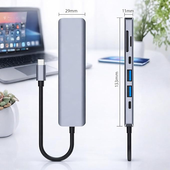 MacBook USB-C Hub 7-in-1 Multiport Adapter with 4K HDMI, 100W PD Charging, USB 3.0 & USB 2.0, SD/TF Card Reader, Aluminum Type-C Dock Compatible with Pro/Air, Chromebook, Dell, HP & USB-C Devices