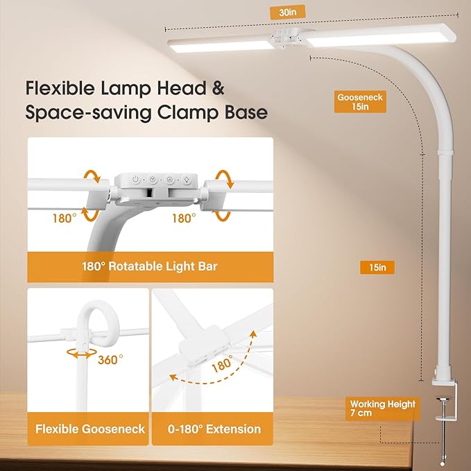 SIBRILLE LED Desk Lamp for Home Office - Dimmable Computer Desk Light with Clamp, Modern Architect Task Lamp with Color Changing, Flexible Desktop Lamp with Gooseneck for Monitor, Double Head, White