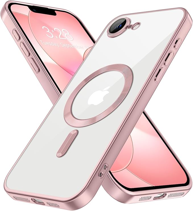 Hython Magnetic Clear for iPhone 17e Case with Camera Lens Protector [Compatible with MagSafe] Luxury Plating Edge Slim Soft TPU Cover Protective Phone Case for iPhone 17e 6.1", Matte Pink