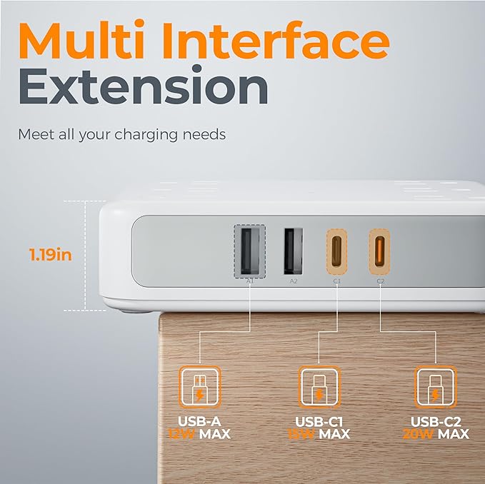 TESSAN 5Ft Grey Extension Cord with Multiple Outlets, Surge Protector Power Strip with 6 Outlets and 4 USB Ports (2 USB C), 2100 Joules Protection, Flat Plug, Outlet Extender for Home, Office, Dorm