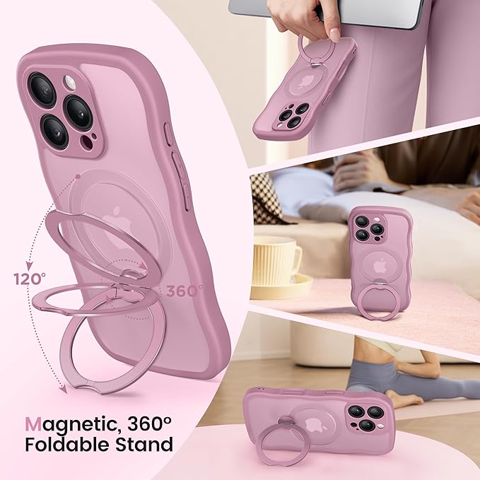 CAPRARO for iPhone 16 Pro Max Case with 360° Spin Magnetic Stand for Women, [Compatible with MagSafe] [Full Camera Protection] Cute Wave Translucent Matte Case for iPhone 16 Pro Max, Black Currant