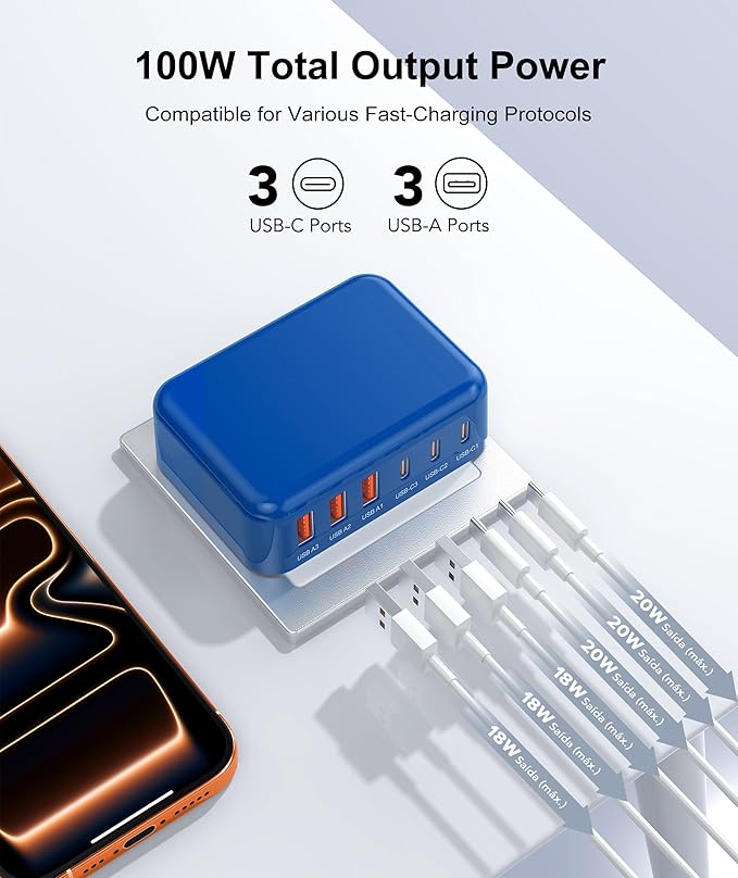Fast Charger Block USB C, GaN 6 Port Charging Station Hub Cube, 100W Multiport Type C Wall Charger Power Strip Plug with PD 3.0+QC for iPhone 16 15 14 13 12 1 Pro Max XR XS 8 7, Samsung, iPad, Table