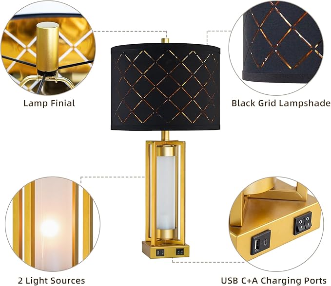 Set of 2 Modern Table Lamps for Living Room Bedroom with USB C+A, Rustic Nightstand Lamps with White Night Light, Black Grid Shade, Desk Lamps for Bedside End Tables, 4 Bulbs Included (Gold)
