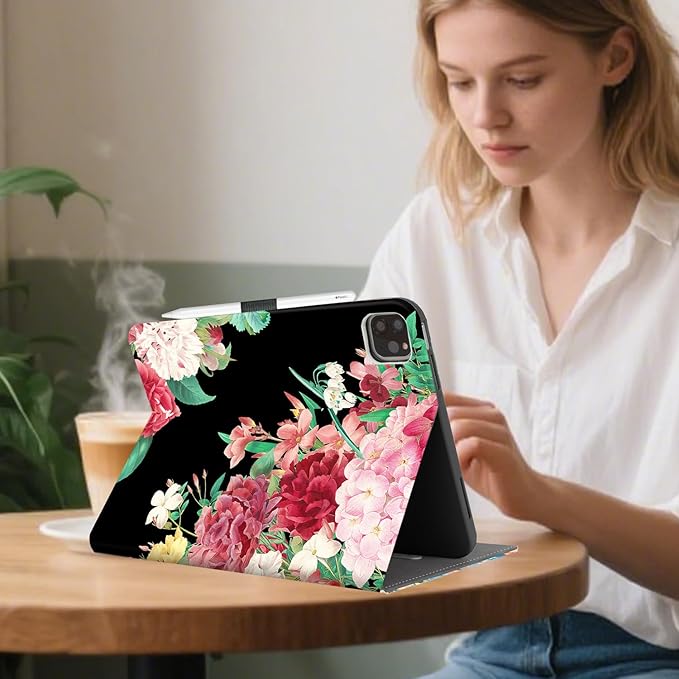 for iPad Air 11 Inch Case M4/M3/M2 2026/2025/2024, Black Flower for iPad Pro 11 Inch Case 4Th/3Rd/2Nd/1St Generation, for iPad Air 5Th/4Th Gen Cases 10.9 Inch Pencil Holder/Hand Strap/Pocket