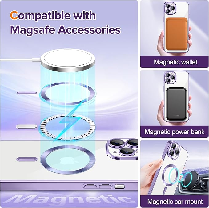 Hython Magnetic Clear for iPhone 11 Pro Max Case with Camera Lens Protector [Compatible with MagSafe] Plating Edge Slim Soft TPU Cover Protective Phone Case for iPhone 11 Pro Max 6.5", Light Purple