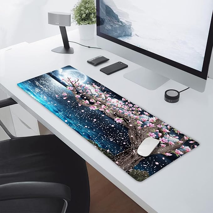 Japanese Pink Floral Gaming Mouse Pad XL Sakura Cherry Blossom Magnolia Tree Blue Ocean Moon Night Extended Big Large Desk Mat Non-Slip Rubber Base Stitched Edge Long Keyboard Mousepad 31.5×11.8 in