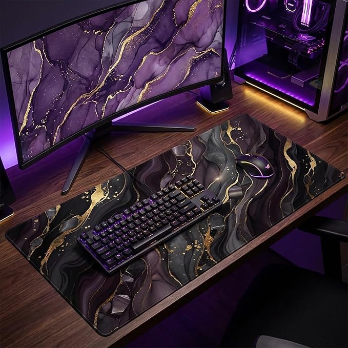 AQQA Purple Marble Desk Pad - Abstract Gold Foil Large Gaming Mouse Pad - XL Non-Slip Rubber Base Keyboard Mat - Aesthetic Desk Mat for Office & Home Decor - Extended Water-Resistant Table Protector