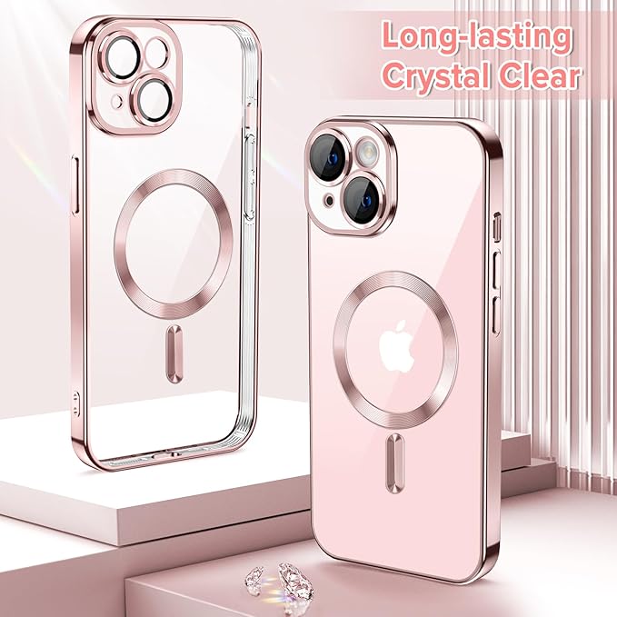 Hython Magnetic Clear for iPhone 15 Case with Camera Lens Protector [Compatible with MagSafe] Luxury Plating Edge Slim Soft TPU Cover Protective Phone Case for iPhone 15 6.1", Pink