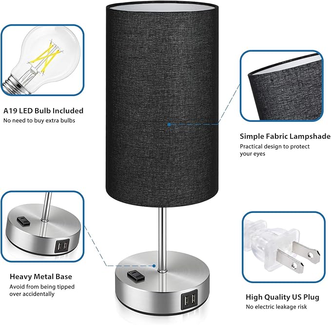 Black Touch Control Table Lamp Set of 2, with 2 USB Charging Ports&AC Outlet, 3-Way Dimmable Bedside Nightstand Lamps with Fabric Lampshade for Reading, Bedroom, Living Room, A19 LED Bulbs Included