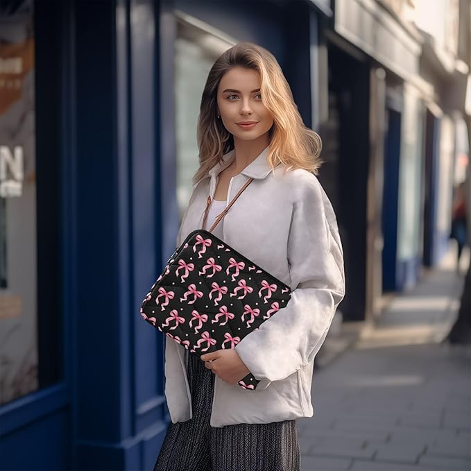 Laptop Case Sleeve, Pink Ribbon Bow Dots Black Pattern Shockproof Protective Computer Carrying Cover, Briefcase Handbags 13-13.3inch Laptop Sleeve Bag