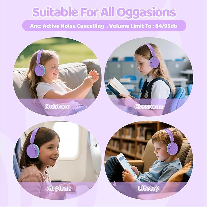 MIDOLA Kids Bluetooth Headphones Active Noise Cancelling,68H Play Time,Lightweight Wireless Foldable Over-Ear Headphone for Kid Toddler,Volume Limited 85/94dB,Headsets with Built-in Mic Purple