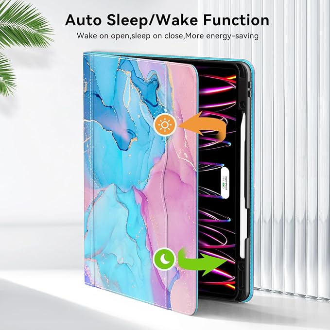 Zonefoker Case for New iPad Pro 12.9 inch 6th/5th/4th/3rd Generation 2022/2021/2020/2018, 12.9'' ipad Pro Leather Protective Cover 6/5/4/3 Gen with Pencil Holder, Auto Wake/Sleep, Marble Teal Pink